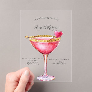 Invitaciones Acrílicas Fiesta de Despedida de Soltera Corazón Cóctel Rosa