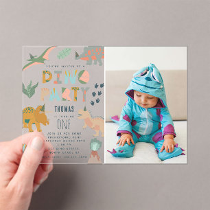 Invitaciones Acrílicas Fiesta de Dinos Boho Animales Cumpleaños Foto