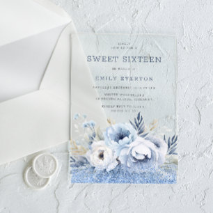 Invitaciones Acrílicas Fiesta de Dulces 16 Dieciséis Floral Azul Polvorie