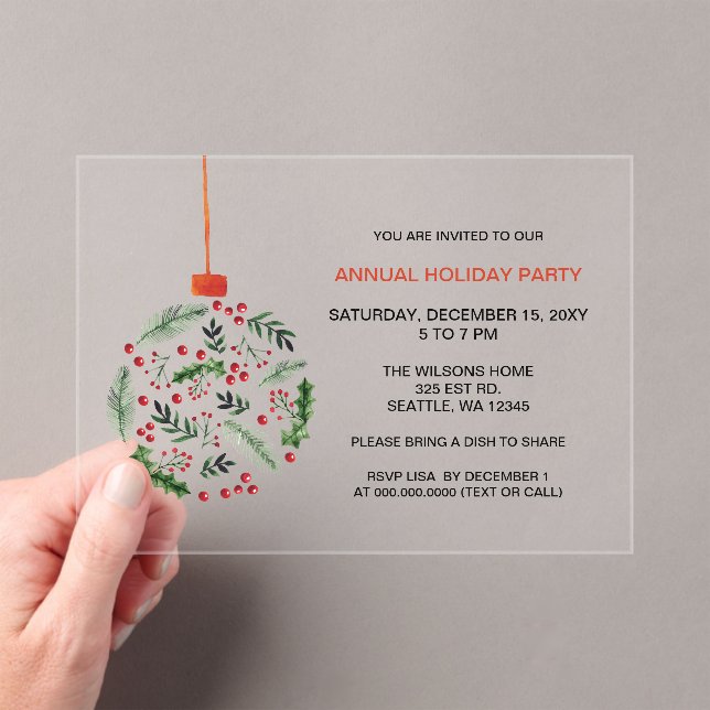 Invitaciones Acrílicas Fiesta de feriado de navidades Holly Ornament (Insitu (portátil))