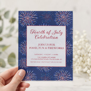 Invitaciones Acrílicas Fiesta de Fuegos Artificiales Patrióticos del 4 de