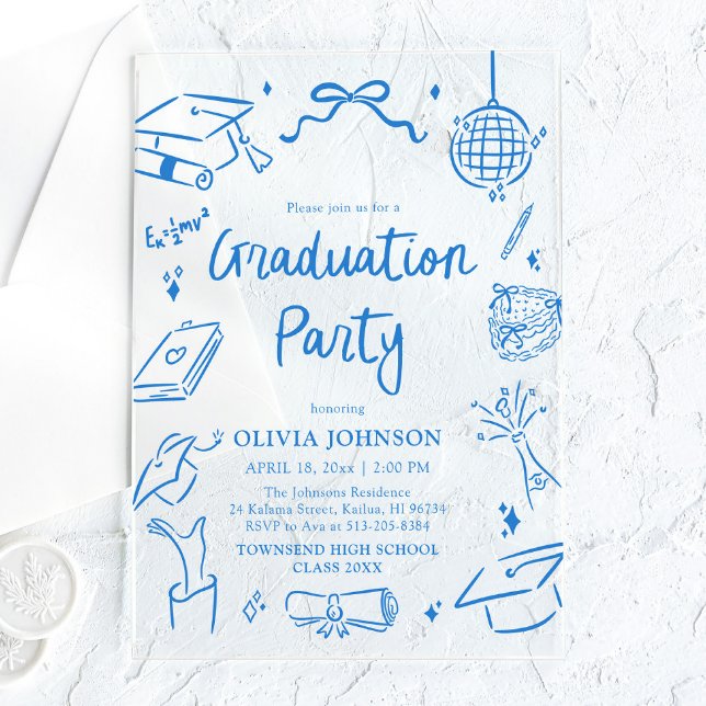 Invitaciones Acrílicas Fiesta de graduación azul caprichosa y moderna dib (Modern Whimsical Hand Drawn Blue Graduation Party Acrylic Invitations)