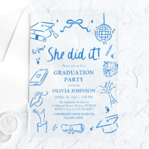 Invitaciones Acrílicas Fiesta de Graduación Azul Moderna Dibujada a Mano 