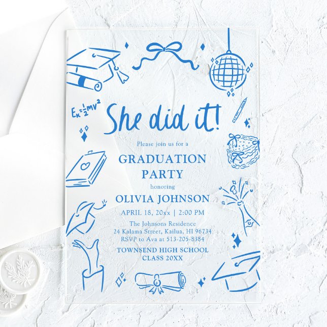 Invitaciones Acrílicas Fiesta de Graduación Azul Moderna Dibujada a Mano  (Modern Hand Drawn She did it Blue Graduation Party Acrylic Invitations)