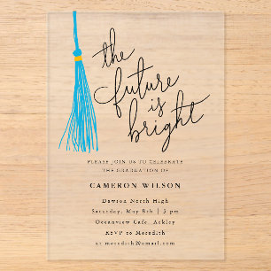 Invitaciones Acrílicas Fiesta de Graduación con Borla Azul Celeste Futuro