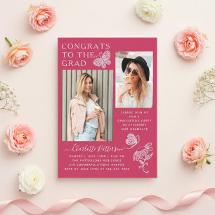 Invitaciones Acrílicas Fiesta de Graduación con Foto de Mariposa Fuchsia 