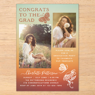 Invitaciones Acrílicas Fiesta de Graduación con Foto de Mariposa Naranja