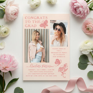 Invitaciones Acrílicas Fiesta de Graduación con Foto de Mariposa Rosa Mod