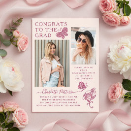 Invitaciones Acrílicas Fiesta de Graduación con Foto de Mariposa Rosa Mod