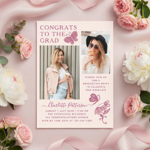 Invitaciones Acrílicas Fiesta de Graduación con Foto de Mariposa Rosa Mod