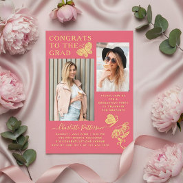 Invitaciones Acrílicas Fiesta de Graduación con Foto de Mariposa Rosa Mod