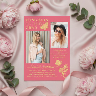 Invitaciones Acrílicas Fiesta de Graduación con Foto de Mariposa Rosa Mod