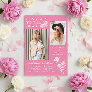 Invitaciones Acrílicas Fiesta de Graduación con Foto de Mariposa Rosa Mod
