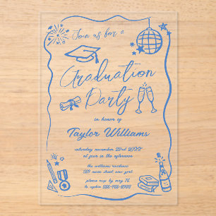 Invitaciones Acrílicas Fiesta de Graduación con Garabatos Caprichosos y D