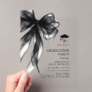 Invitaciones Acrílicas Fiesta de Graduación con Lazo Negro Moderno y Eleg