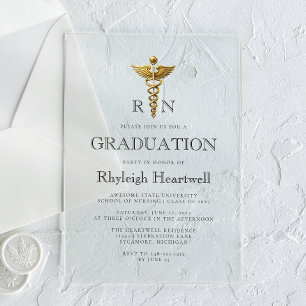 Invitaciones Acrílicas Fiesta de graduación de enfermera RN Caduceo de or