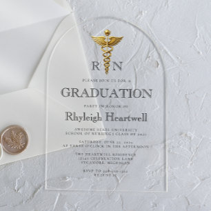 Invitaciones Acrílicas Fiesta de graduación de enfermera RN Caduceo de or