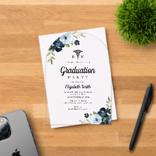 Invitaciones Acrílicas fiesta de graduación de enfermería floral azul acu