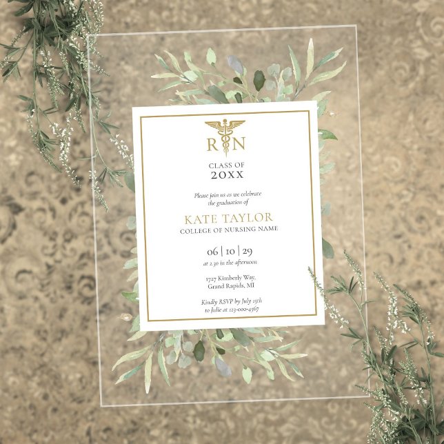 Invitaciones Acrílicas Fiesta de Graduación de Enfermería RN de Oro Verde (Greenery Gold RN Nursing Graduation Party Acrylic Invitations)