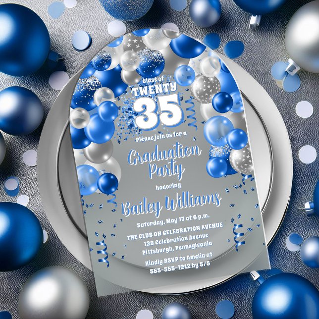 Invitaciones Acrílicas Fiesta de Graduación de Globos de Celebración Azul (Blue and Silver Balloons Class Year Graduation Party Acrylic Invitations)