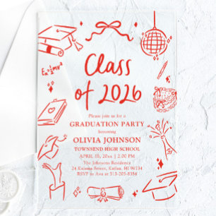 Invitaciones Acrílicas Fiesta de Graduación de la Clase de 2026 Dibujada