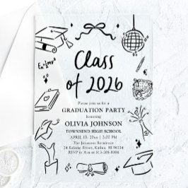 Invitaciones Acrílicas Fiesta de Graduación de la Clase de 2026 Dibujada 