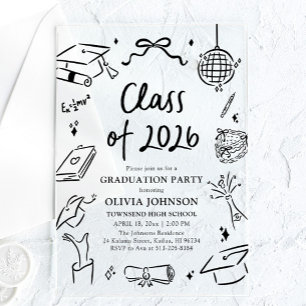 Invitaciones Acrílicas Fiesta de Graduación de la Clase de 2026 Dibujada