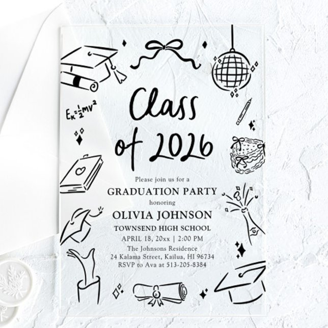 Invitaciones Acrílicas Fiesta de Graduación de la Clase de 2026 Dibujada  (Modern Hand Drawn Class of 2026 Graduation Party Acrylic Invitations)