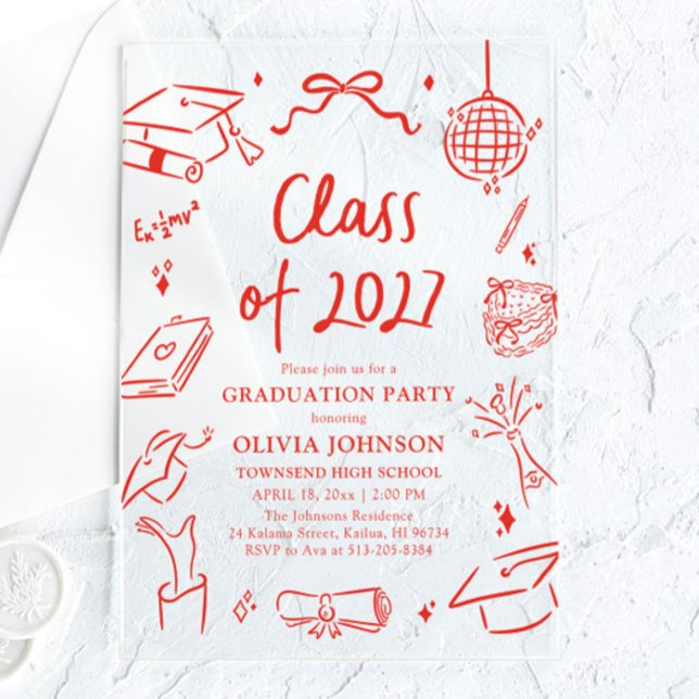 Invitaciones Acrílicas Fiesta de Graduación de la Clase de 2027 Dibujada  (Modern Hand Drawn Class of 2027 Graduation Party Acrylic Invitations)
