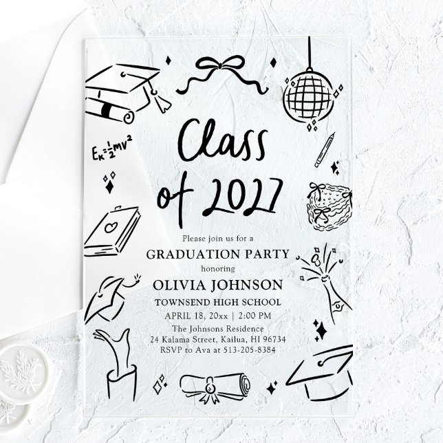 Invitaciones Acrílicas Fiesta de Graduación de la Clase de 2027 Dibujada  (Modern Hand Drawn Class of 2027 Graduation Party Acrylic Invitations)