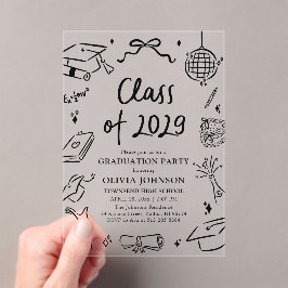 Invitaciones Acrílicas Fiesta de Graduación de la Clase de 2029 Dibujada 