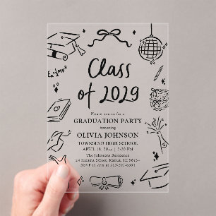 Invitaciones Acrílicas Fiesta de Graduación de la Clase de 2029 Dibujada