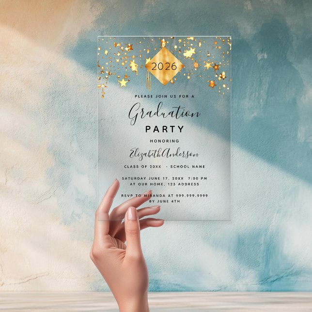 Invitaciones Acrílicas Fiesta de graduación estrellas de oro tope superio (Subido por el creador)