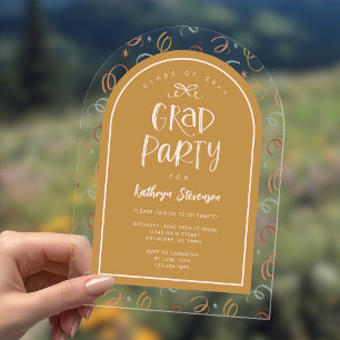 Invitaciones Acrílicas Fiesta de graduación femenina con confeti dibujado
