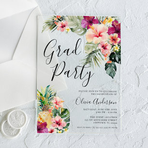 Invitaciones Acrílicas Fiesta de Graduación Floral Tropical Moderna