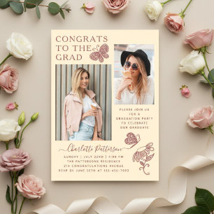 Invitaciones Acrílicas Fiesta de Graduación Foto Mariposa Rosa Crema Mode