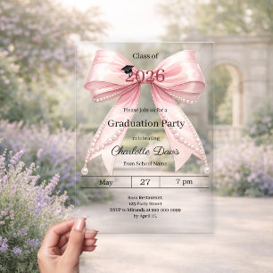 Invitaciones Acrílicas Fiesta de graduación lazo rosa clase de 2026 lujo