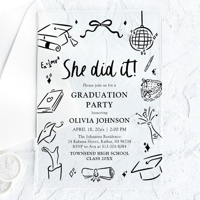 Invitaciones Acrílicas Fiesta de Graduación Lo Hizo Mano Dibujada Moderna (Modern Hand Drawn She did it Graduation Party Acrylic Invitations)