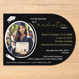 Invitaciones Acrílicas Fiesta de Graduación Negro, Blanco y Dorado, Foto