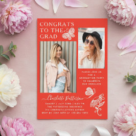 Invitaciones Acrílicas Fiesta de Graduación Roja con Foto de Mariposa Cap