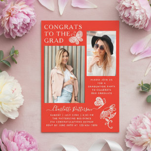 Invitaciones Acrílicas Fiesta de Graduación Roja con Foto de Mariposa Cap