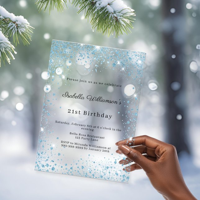Invitaciones Acrílicas Fiesta de invierno con purpurina azul, cumpleaños  (Subido por el creador)