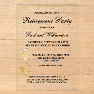Invitaciones Acrílicas Fiesta de Jubilación Elegante Negro y Dorado
