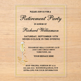 Invitaciones Acrílicas Fiesta de Jubilación Elegante Negro y Oro