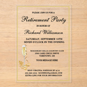 Invitaciones Acrílicas Fiesta de Jubilación Elegante Negro y Oro