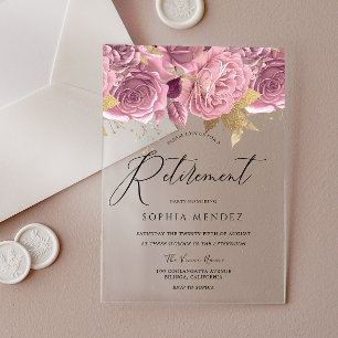Invitaciones Acrílicas Fiesta de jubilación floral rosa dorado impresiona