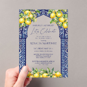 Invitaciones Acrílicas Fiesta de Jubilación Mediterránea de Baldosa Azul 