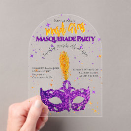 Invitaciones Acrílicas Fiesta de la máscara violeta y Naranja