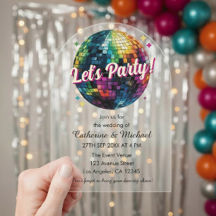 Invitaciones Acrílicas Fiesta de los años 70 Disco Ball Sparkle Glam Boda