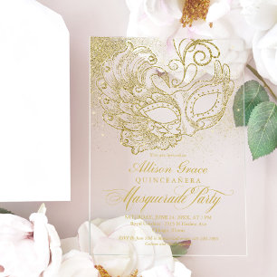 Invitaciones Acrílicas Fiesta de Máscaras de Quinceañera de Oro